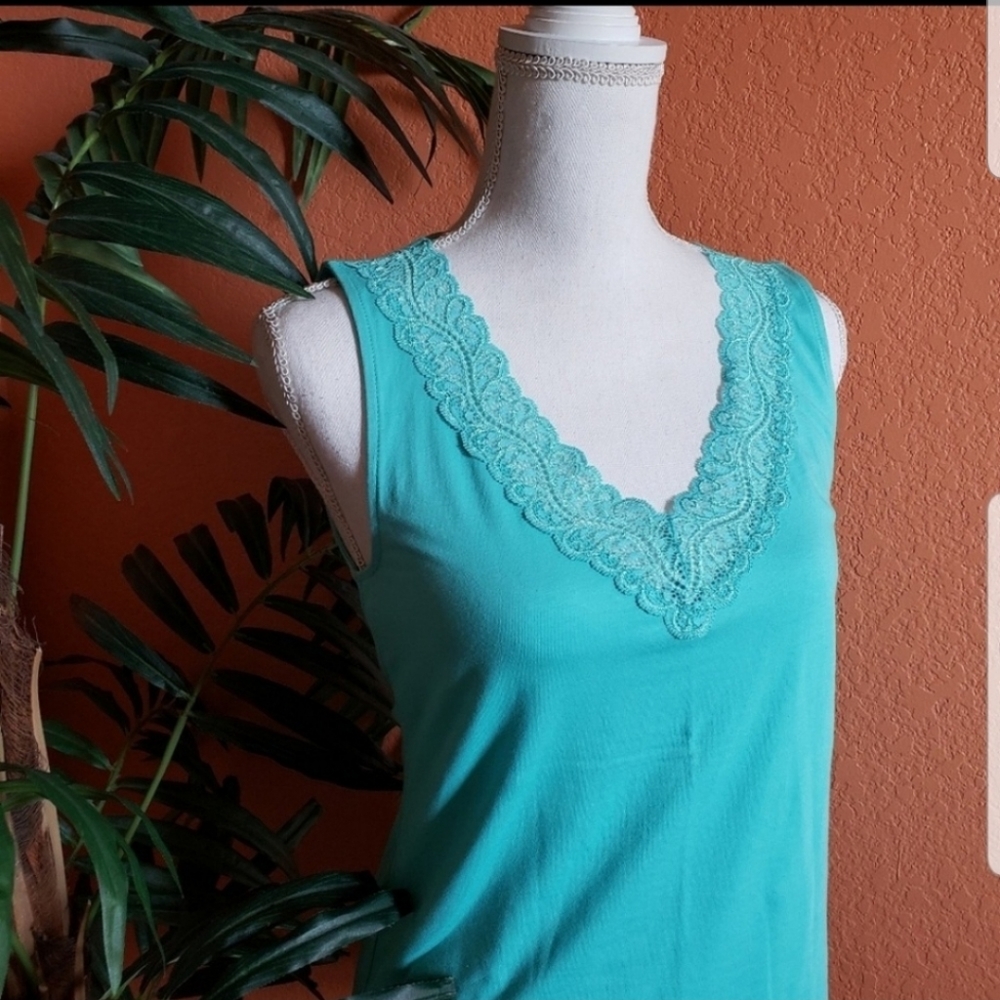 3/$25 Ann Taylor Lace V Neck Cotton Tank Top Aqua Small Sleeveless